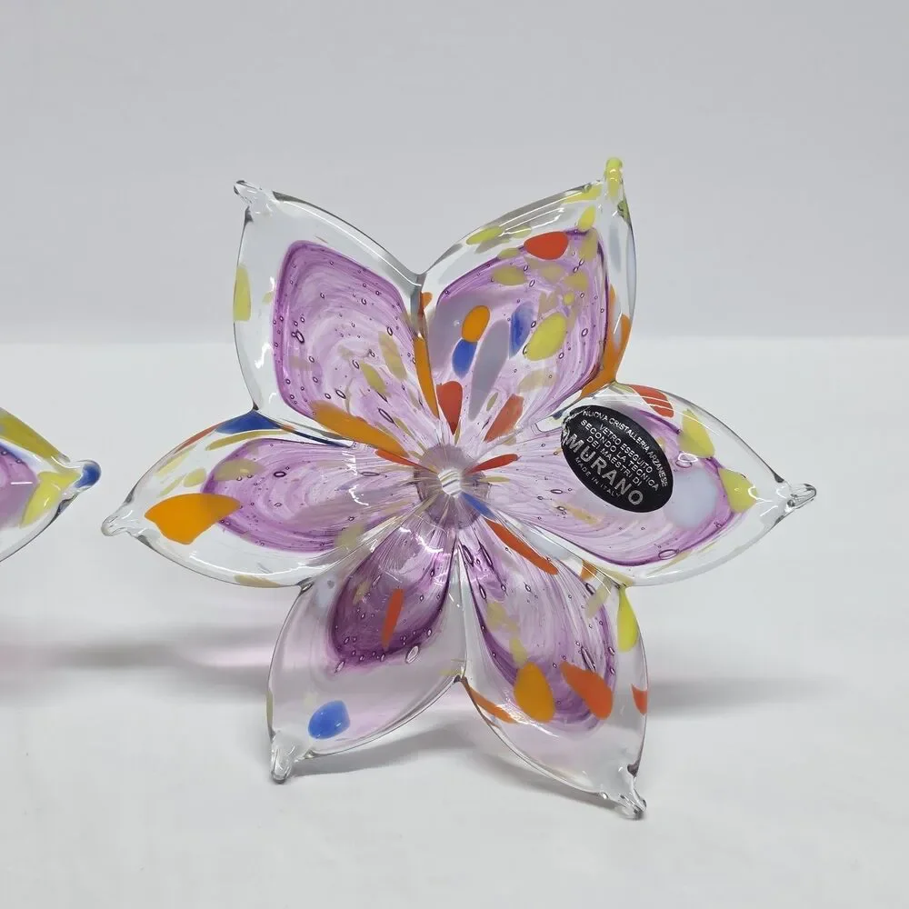 Murano Style Blown Glass Flower Set Of 2 Purple Clear Made in Italy New